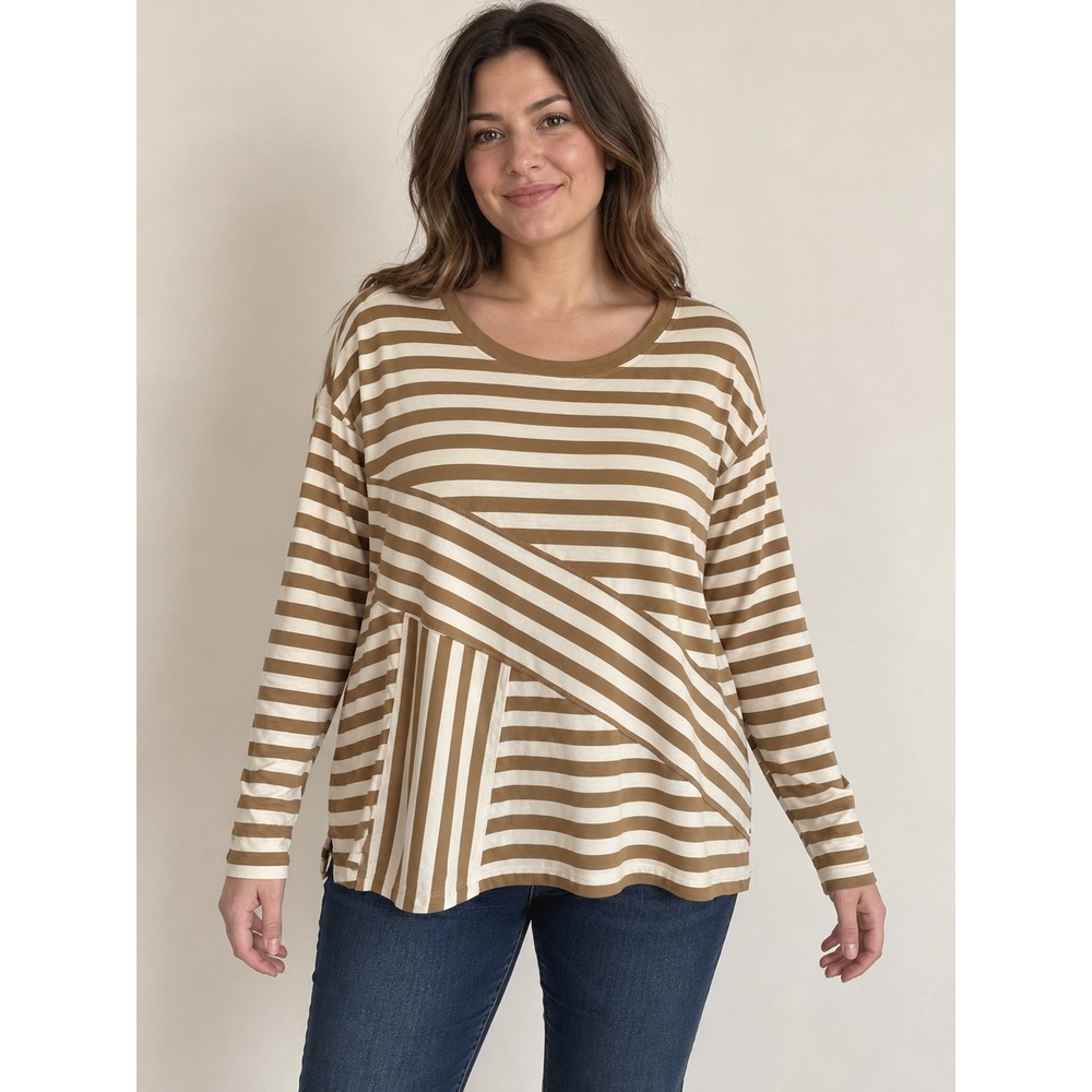 Nautica Jeans Women Tan White Striped Long Sleeve Asymmetric Panel Top Large